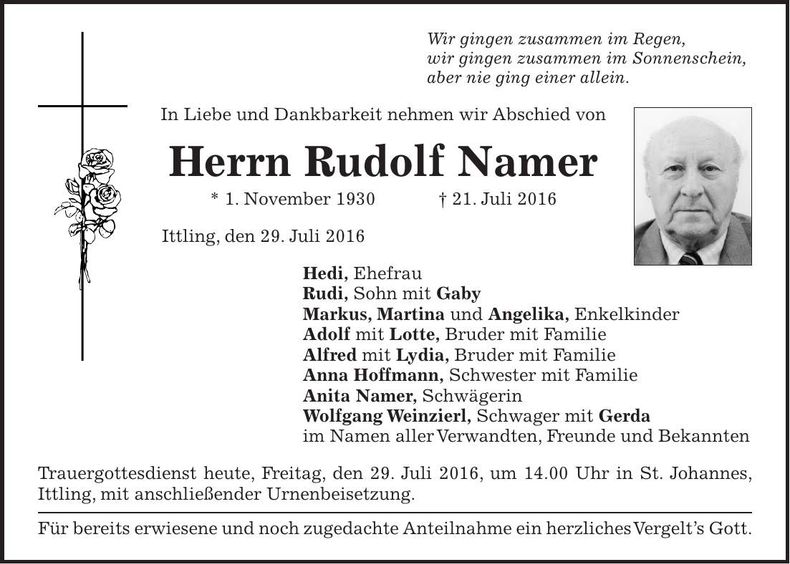 Traueranzeige Rudolf Namer