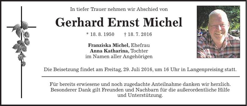 Traueranzeige Gerhard Ernst Michel