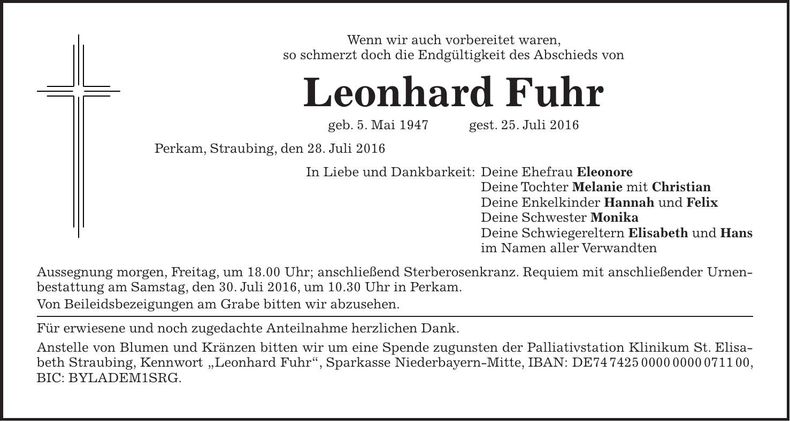 Traueranzeige Leonhard Fuhr