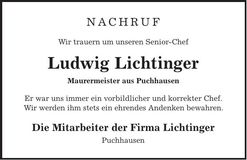 Traueranzeige Ludwig Lichtinger