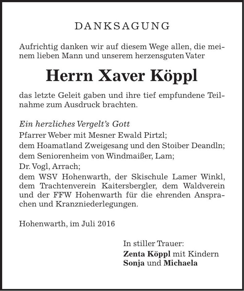 Traueranzeige Xaver Köppl