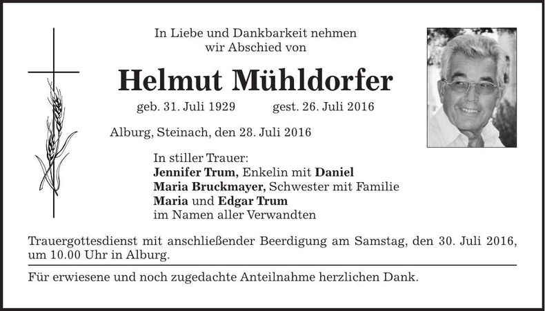 Traueranzeige Helmut Mühldorfer