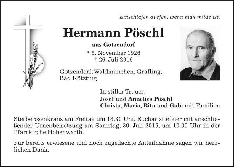 Traueranzeige Hermann Pöschl