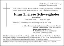 Traueranzeige Therese Schweighofer