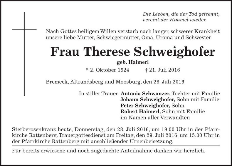 Traueranzeige Therese Schweighofer