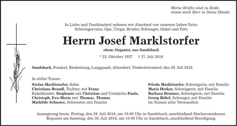Traueranzeige Josef Marklstorfer