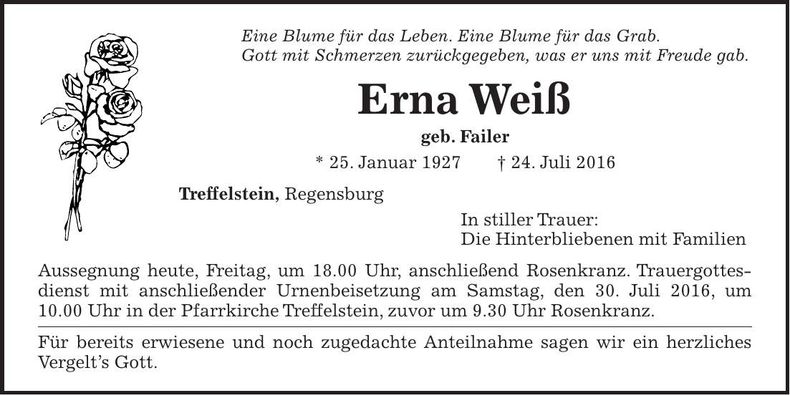 Traueranzeige Erna Weiß