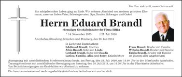 Traueranzeige Eduard Brandl