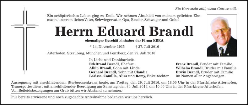 Traueranzeige Eduard Brandl