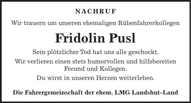 Traueranzeige Fridolin Pusl