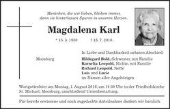 Traueranzeige Magdalena Karl