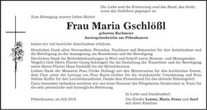 Traueranzeige Maria Gschlößl