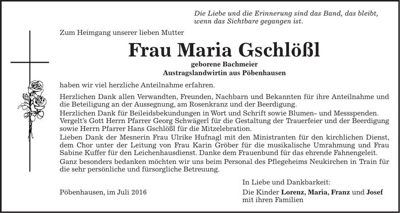 Traueranzeige Maria Gschlößl