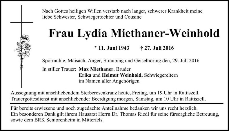Traueranzeige Lydia Miethaner-Weinhold