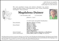 Traueranzeige Magdalena Daimer