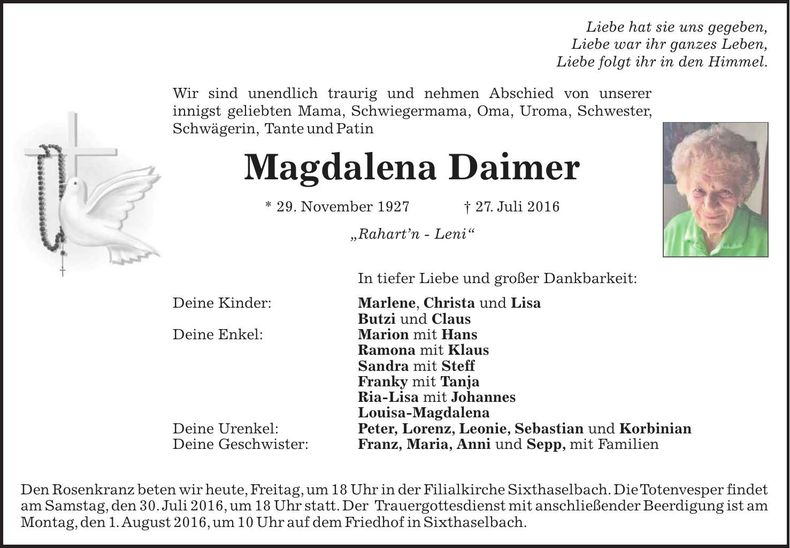 Traueranzeige Magdalena Daimer
