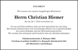 Traueranzeige Christian Hiemer