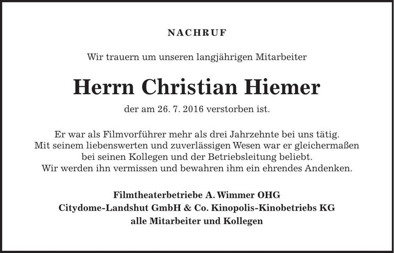 Traueranzeige Christian Hiemer