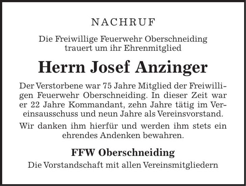 Traueranzeige Josef Anzinger