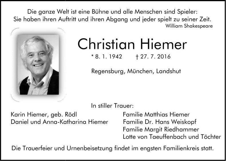 Traueranzeige Christian Hiemer