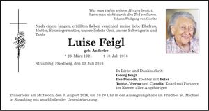 Traueranzeige Luise Feigl