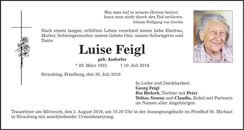 Traueranzeige Luise Feigl
