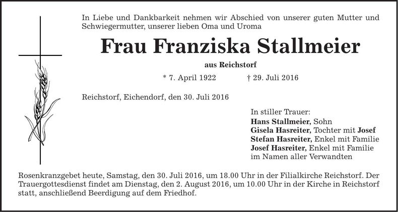 Traueranzeige Franziska Stallmeier