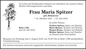 Traueranzeige Maria Spitzer