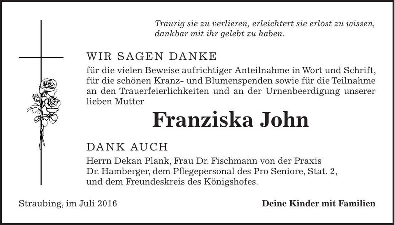 Traueranzeige John Franziska