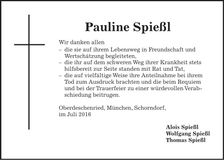 Traueranzeige Pauline Spießl