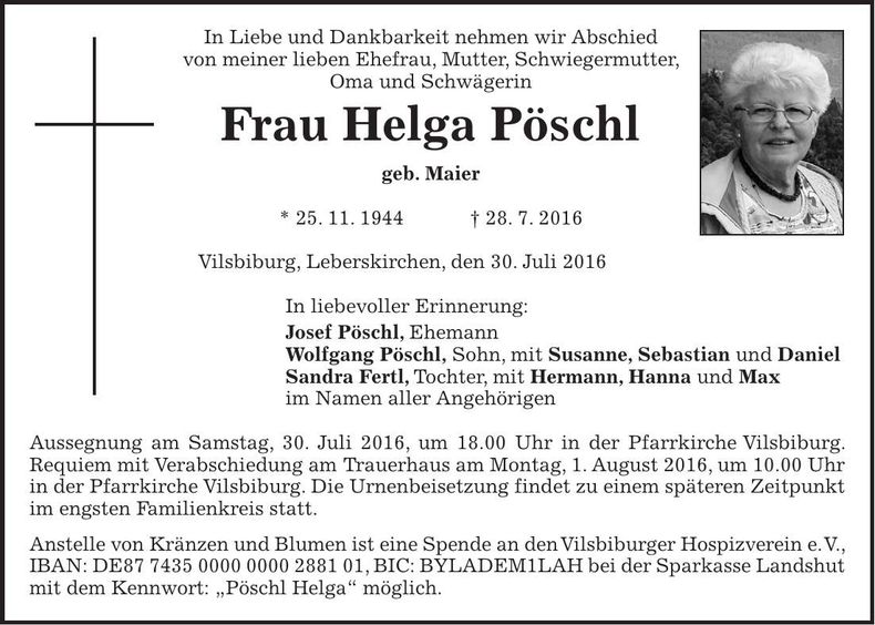 Traueranzeige Maria Pöschl
