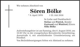 Traueranzeige Sören Bölke