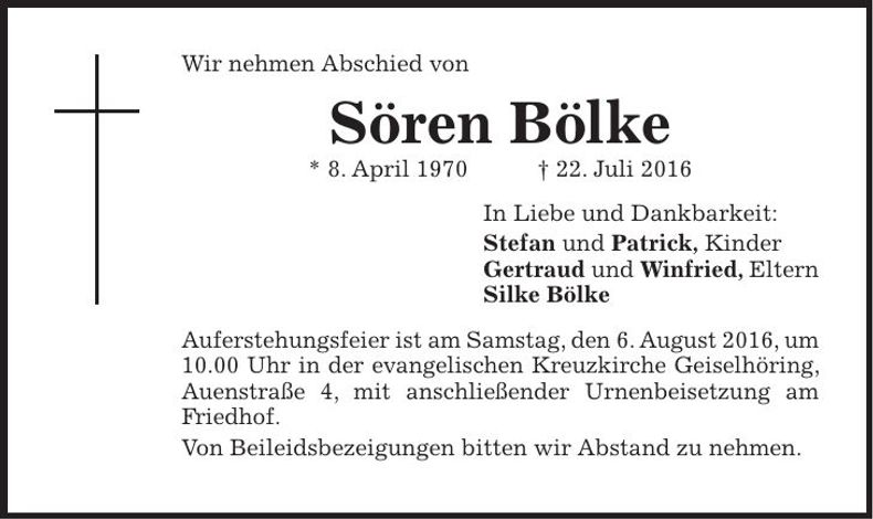 Traueranzeige Sören Bölke