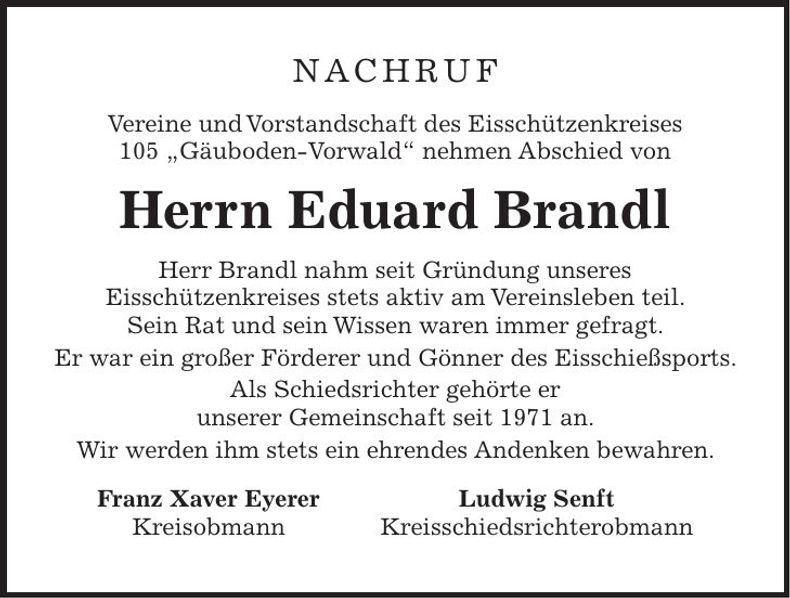 Traueranzeige Eduard Brandl