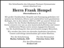Traueranzeige Frank Hempel