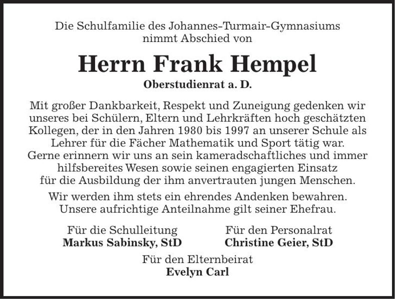 Traueranzeige Frank Hempel
