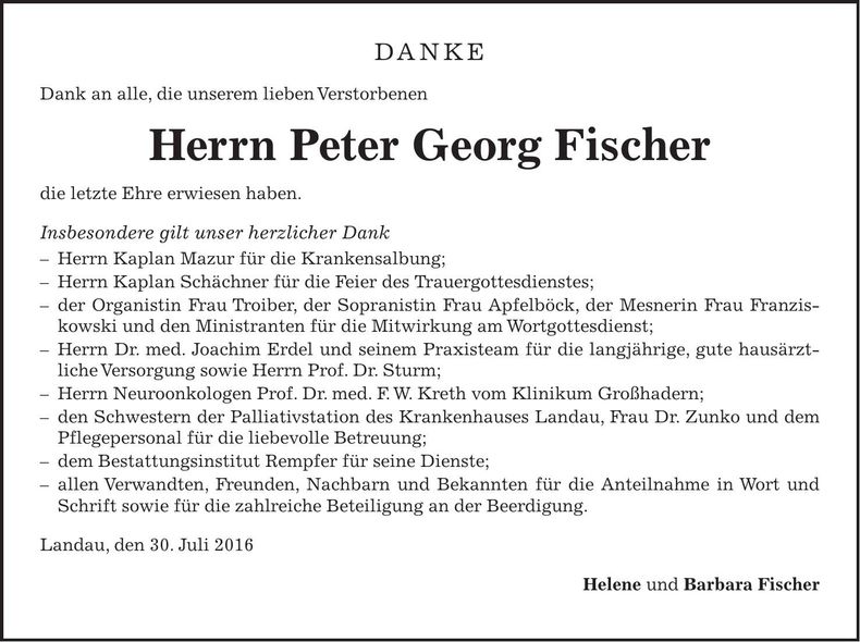 Traueranzeige Peter Georg Fischer