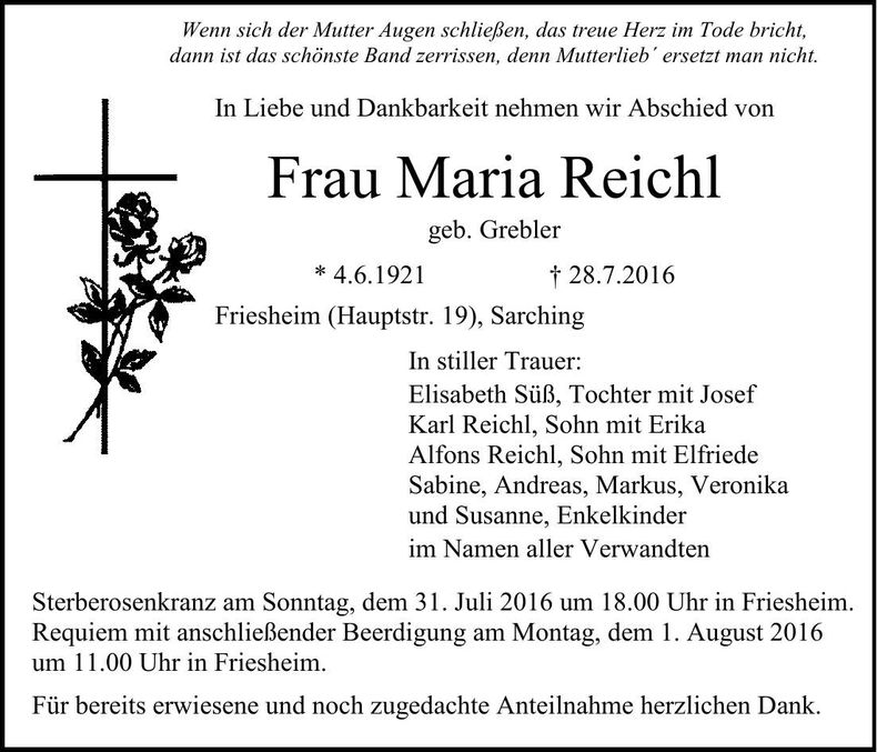 Traueranzeige Maria Reichl