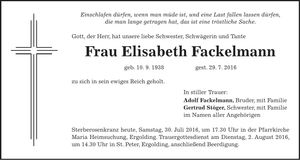 Traueranzeige Elisabeth Fackelmann