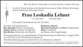 Traueranzeige Leokadia Lehner