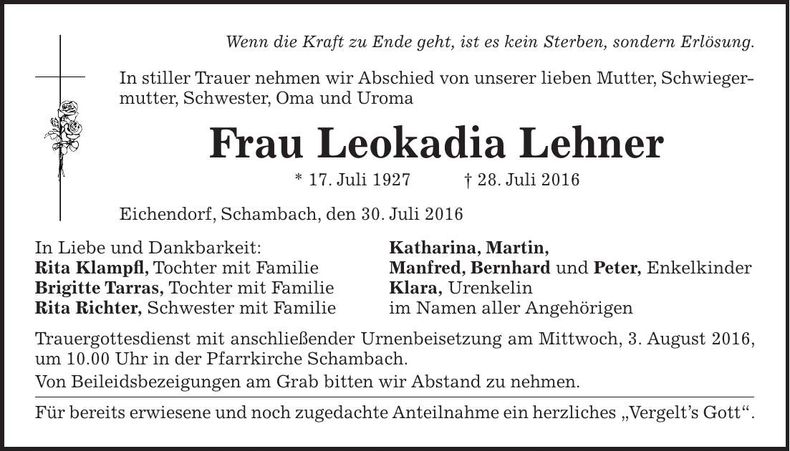 Traueranzeige Leokadia Lehner