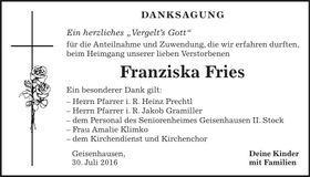 Traueranzeige Franziska Fries