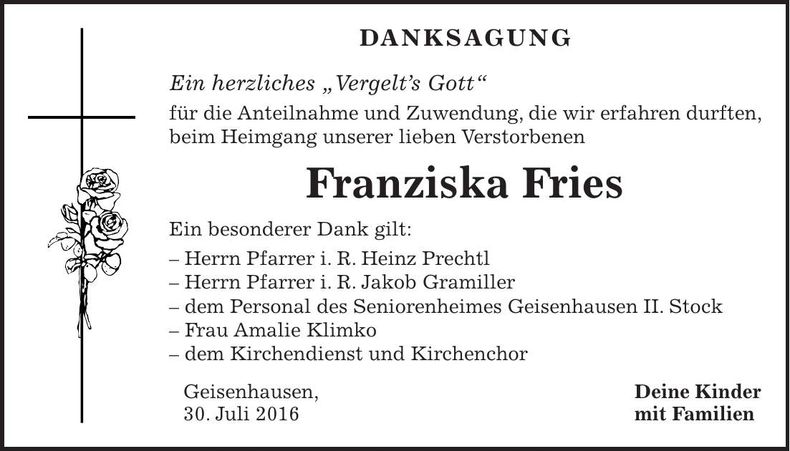 Traueranzeige Franziska Fries