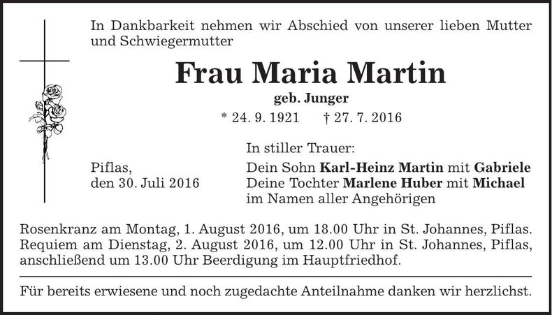 Traueranzeige Maria Martin