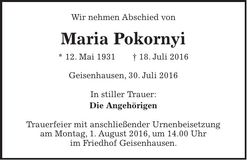 Traueranzeige Maria Pokornyi