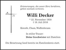 Traueranzeige Willi Decker