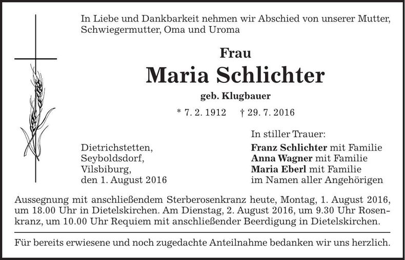 Traueranzeige Maria Schlichter
