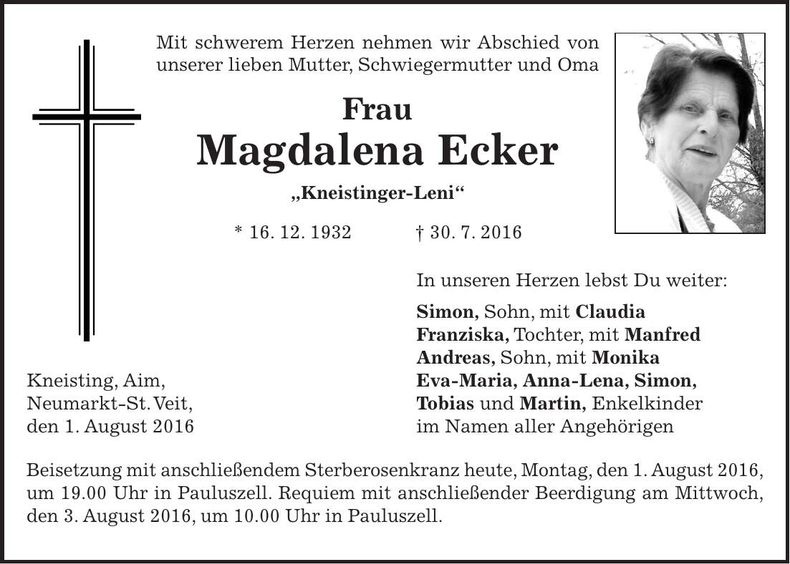 Traueranzeige Magdalena Ecker