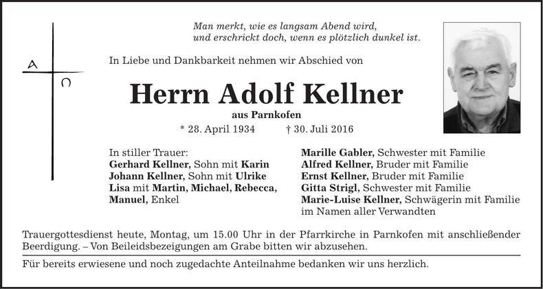 Traueranzeige Adolf Kellner