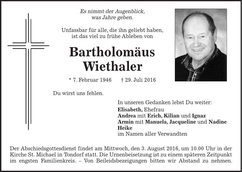 Traueranzeige Bartholomäus Wiethaler